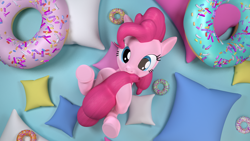 Size: 3840x2160 | Tagged: safe, artist:sugarcube-cake, pinkie pie, pony, 3d, biting, donut, food, nom, on back, solo, tail bite