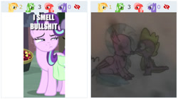 Size: 720x402 | Tagged: safe, screencap, silverstream, spike, starlight glimmer, classical hippogriff, dragon, hippogriff, pony, unicorn, bullshit, derpibooru, hand drawing, juxtaposition, meme, meta, shipping, spikestream, suspicious