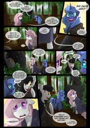 Size: 1240x1754 | Tagged: safe, artist:lunarcakez, princess celestia, princess luna, oc, oc:mazzy, alicorn, pony, comic:the origins of hollow shades, bags under eyes, cloak, clothes, comic, pink-mane celestia, s1 luna