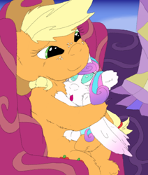 Size: 1584x1872 | Tagged: safe, artist:firefanatic, applejack, princess flurry heart, earth pony, pony, big ears, chair, cuddling, cute, fluffy, flurrybetes, hug