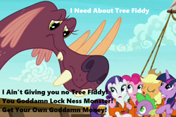 Size: 1280x856 | Tagged: safe, derpibooru import, edit, edited screencap, screencap, applejack, pinkie pie, rarity, spike, twilight sparkle, twilight sparkle (alicorn), alicorn, dragon, earth pony, pony, unicorn, ppov, caption, female, image macro, lifejacket, male, mare, misspelling, south park, text, tree fiddy, tri-horned bunyip, vulgar