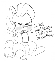 Size: 1280x1433 | Tagged: safe, artist:pabbley, diamond tiara, 30 minute art challenge, belly button, blushing, dialogue, diamond tsundiara, monochrome, simple background, sitting, solo, tsundere, white background