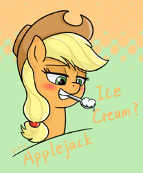 Size: 1198x1438 | Tagged: safe, artist:z-y-c, applejack, earth pony, pony, applejack's hat, blushing, cowboy hat, female, food, hat, ice cream, mare, solo, spoon