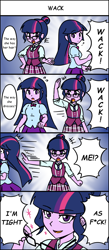 Size: 650x1485 | Tagged: safe, artist:acesrockz, derpibooru import, sci-twi, twilight sparkle, twilight sparkle (alicorn), alicorn, equestria girls, clothes, dialogue, duo, glasses, open mouth, pleated skirt, school uniform, self paradox, skirt, speech bubble, twolight, vulgar