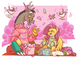 Size: 2828x2121 | Tagged: safe, artist:yami-sempai, discord, fluttershy, draconequus, pegasus, pony, cute, discoshy, discute, female, male, mare, night, open mouth, shipping, shyabetes, straight, tree