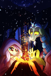 Size: 1378x2039 | Tagged: safe, artist:zlayd-oodles, discord, fluttershy, draconequus, pegasus, pony, discoshy, female, male, mare, night, shipping, straight, tree, volcano