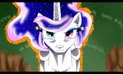 Size: 800x480 | Tagged: safe, artist:yordisz, princess celestia, princess luna, oc, oc:lunestia, alicorn, alicorn oc, crossover, dragon ball z, fanfic art, fusion, goddess, green sky, heterochromia, horn, magic, magic aura, mane of fire, potara, rock, running, wings