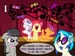 Size: 1024x768 | Tagged: safe, artist:bronybyexception, apple bloom, dj pon-3, octavia melody, scootaloo, sweetie belle, vinyl scratch, earth pony, pegasus, pony, unicorn, advent calendar, christmas, cutie mark crusaders, headphones, holiday, octavia is not amused, open mouth, singing, stage, unamused, uvula