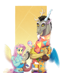 Size: 1371x1600 | Tagged: safe, artist:ladychimaera, discord, fluttershy, anthro, draconequus, pegasus, unguligrade anthro, clothes, discoshy, female, male, mare, mirror, plushie, shipping, smiling, straight, sweater