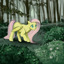 Size: 2000x2000 | Tagged: safe, artist:annaniderlanna, fluttershy, pegasus, pony, atmosphere, female, forest, mare, solo