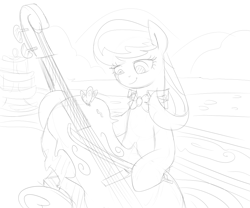 Size: 1000x833 | Tagged: safe, artist:dudey64, octavia melody, butterfly, earth pony, pony, cello, fountain, monochrome, musical instrument, sketch, solo, underhoof