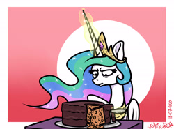 Size: 5401x4000 | Tagged: safe, artist:poecillia-gracilis19, princess celestia, alicorn, pony, baked beans, beans, cake, celestia is not amused, crown, ethereal mane, everything is cake, female, food, glowing horn, horn, jewelry, knife, mare, meme, portal (valve), regalia, the cake is a lie, this will end in farts, this will end in tears and/or a journey to the moon, unamused