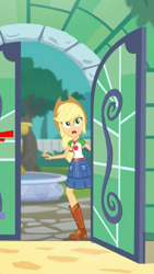 Size: 1242x2208 | Tagged: safe, screencap, applejack, better together, equestria girls, my little shop of horrors, boots, celestia's house, clothes, cowboy boots, cowboy hat, denim skirt, fountain, geode of super strength, hat, magical geodes, open mouth, shoes, skirt, solo, stetson