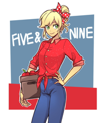 Size: 1000x1200 | Tagged: safe, artist:dcon, applejack, better together, equestria girls, five to nine, apple, box, clothes, food, hand on hip, jeans, looking at you, pants, smiling, solo