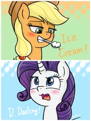 Size: 1200x1600 | Tagged: safe, artist:z-y-c, applejack, rarity, earth pony, pony, unicorn, applejack's hat, blushing, bust, cowboy hat, darling, female, food, hat, ice cream, lesbian, looking down, looking up, mare, open mouth, rarijack, shipping, spoon, text