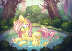 Size: 3508x2481 | Tagged: safe, artist:cutepencilcase, fluttershy, pegasus, pony, bathing, bush, chest fluff, crepuscular rays, cute, digital art, female, forest, mare, outdoors, pond, prone, shyabetes, smiling, solo, spread wings, tree, wings