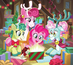 Size: 1549x1374 | Tagged: safe, artist:tonyfleecs, alice the reindeer, aurora the reindeer, bori the reindeer, pinkie pie, deer, earth pony, pony, reindeer, best gift ever, book:best gift ever, cloven hooves, doe, female, mare, present, quartet, the gift givers, the gift givers of the grove