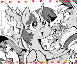 Size: 1760x1470 | Tagged: safe, artist:nendo, applejack, pinkie pie, princess celestia, rarity, sweetie belle, twilight sparkle, twilight sparkle (alicorn), alicorn, earth pony, pony, unicorn, my little pony: the manga, cowboy hat, cupcake, cute, female, filly, food, hat, heart, japanese, mare, monochrome, muffin, pixiv, toy