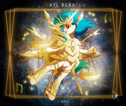 Size: 3840x3232 | Tagged: safe, artist:zidanemina, dj pon-3, vinyl scratch, pony, unicorn, armor, crossover, female, god cloth, helmet, libra, mare, red eyes, saint seiya, smiling, solo, updated, zodiac