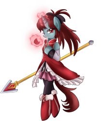 Size: 2153x2550 | Tagged: safe, artist:pridark, semi-anthro, apple, clothes, magic, magical girl, ponified, puella magi madoka magica, sakura kyouko, simple background, solo, soul gem, spear, transparent background, weapon