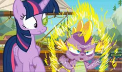 Size: 2284x1348 | Tagged: safe, derpibooru import, edit, edited screencap, screencap, spike, twilight sparkle, twilight sparkle (alicorn), alicorn, dragon, pony, ppov, dragon ball z, ms paint, scouter, super saiyan