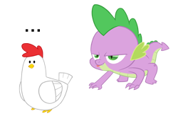 Size: 850x558 | Tagged: safe, artist:queencold, spike, chicken, dragon, ..., all fours, food chain, male, predator, prey, simple background, solo, tongue out, transparent background