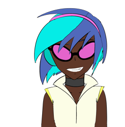 Size: 1379x1403 | Tagged: safe, artist:icey-wicey-1517, artist:vnagato, dj pon-3, vinyl scratch, human, collaboration, choker, dark skin, female, grin, headphones, humanized, simple background, sleeveless, smiling, solo, transparent background