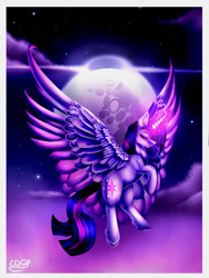 Size: 1024x1365 | Tagged: safe, artist:crazydragonqueen, derpibooru import, twilight sparkle, twilight sparkle (alicorn), alicorn, pony, eyes closed, flying, glowing horn, mare in the moon, moon, night, sky, solo, spread wings