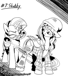 Size: 800x884 | Tagged: safe, artist:omny87, fluttershy, rarity, pegasus, pony, unicorn, series:ink's warming eve, black and white, clothes, duo, female, file, glasses, grayscale, jeans, levitation, magic, mare, monochrome, one eye closed, pants, plaid, telekinesis, tongue out, torn clothes