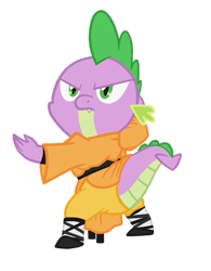 Size: 400x512 | Tagged: safe, artist:queencold, spike, dragon, black belt, clothes, glare, kung fu, male, martial arts, robe, shoes, simple background, solo, transparent background, trousers