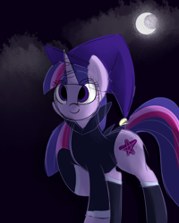 Size: 1024x1280 | Tagged: safe, artist:mlp-firefox5013, derpibooru import, twilight sparkle, clothes, hat, moon, night, solo, witch hat