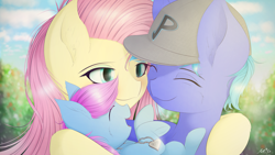 Size: 4800x2700 | Tagged: safe, artist:maneingreen, fluttershy, oc, oc:guardian angel, oc:realfeeler, pegasus, pony, canon x oc, cap, female, foal, hat, male, offspring, parent:fluttershy, parent:realfeeler, parents:canon x oc, parents:realshy, realshy, shipping, smiley face, stallion, straight