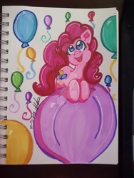 Size: 1024x1365 | Tagged: safe, artist:yoshimarsart, pinkie pie, earth pony, pony, balloon, deviantart watermark, female, inktober, looking up, mare, obtrusive watermark, open mouth, prone, smiling, solo, traditional art, watermark