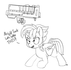 Size: 1280x1259 | Tagged: safe, artist:pabbley, twilight sparkle, twilight sparkle (alicorn), alicorn, pony, alternate hairstyle, dialogue, fallout, fat man, grayscale, gun, magic, mini nuke, monochrome, open mouth, punklight sparkle, simple background, solo, telekinesis, this will end in explosions, weapon, white background