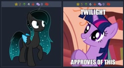 Size: 486x268 | Tagged: safe, edit, edited screencap, screencap, twilight sparkle, oc, oc:spirit night, look before you sleep, derpibooru, golden oaks library, juxtaposition, juxtaposition win, meme, meta