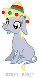 Size: 328x656 | Tagged: safe, artist:dec browne, derpy hooves, donkey, derpibooru, female, hat, mare, meta, pun, simple background, sitting, solo, sombrero, species swap, white background