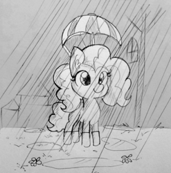 Size: 1240x1255 | Tagged: safe, artist:tjpones, pinkie pie, earth pony, pony, black and white, cute, diapinkes, ear fluff, female, filly, filly pinkie pie, flower, grayscale, hat, inktober, inktober 2018, monochrome, puddle, rain, smiling, solo, standing, traditional art, umbrella, umbrella hat, younger