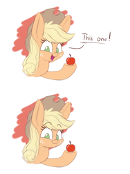 Size: 1500x2000 | Tagged: safe, artist:heir-of-rick, applejack, earth pony, pony, apple, ask, bust, comic, cowboy hat, cute, description is relevant, dialogue, female, food, hat, hoof hold, jackabetes, long ears, looking at you, mare, simple background, smiling, solo, that pony sure does love apples, tumblr, white background