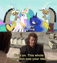 Size: 1574x1756 | Tagged: safe, edit, edited screencap, screencap, discord, princess celestia, princess luna, alicorn, draconequus, pony, the ending of the end, anakin skywalker, caption, clone, comic, cute, discute, drama, droid, ethereal mane, female, image macro, male, mare, obi-wan kenobi, puppy dog eyes, revenge of the sith, screencap comic, smuglestia, star wars, star wars: revenge of the sith, text