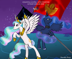 Size: 900x746 | Tagged: safe, artist:wrath-marionphauna, princess celestia, princess luna, alicorn, pony, album cover, crossover, equestria, flag, live fighter, lunar republic, mizuki nana, nana mizuki, night, ponified, ponified album cover, solar empire