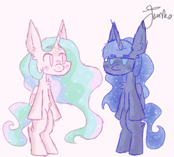 Size: 1000x900 | Tagged: safe, artist:junko, derpibooru exclusive, princess celestia, princess luna, alicorn, pony, beanbrows, big ears, bipedal, chest fluff, colored sketch, ear fluff, ethereal mane, eyebrows, female, frown, galaxy mane, mare, royal sisters, signature, simple background, simple shading, sketch, smiling, starry mane