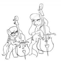 Size: 1280x1325 | Tagged: safe, artist:ronniesponies, octavia melody, silver spoon, earth pony, pony, bipedal, black and white, bow (instrument), cello, duo, female, filly, grayscale, hoof hold, lineart, mare, monochrome, musical instrument, simple background, white background