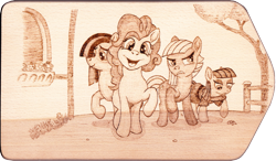 Size: 2845x1661 | Tagged: safe, artist:malte279, limestone pie, marble pie, maud pie, pinkie pie, earth pony, pony, craft, pie sisters, pyrography, siblings, sisters, traditional art