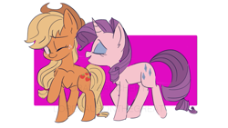 Size: 705x397 | Tagged: safe, artist:drawbauchery, artist:lordsauronthegreat, applejack, rarity, earth pony, pony, unicorn, collaboration, cowboy hat, eyes closed, female, hat, lesbian, mare, rarijack, shipping, smiling, stetson