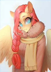 Size: 905x1280 | Tagged: safe, artist:glorious-rarien, fluttershy, anthro, pegasus, alternate hairstyle, braid, clothes, coat, cute, female, mare, scarf, shyabetes, smiling, solo