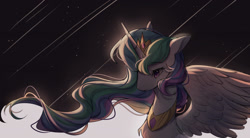 Size: 2000x1100 | Tagged: safe, artist:leafywind, princess celestia, alicorn, pony, bust, chest fluff, female, mare, portrait, shooting star, solo, spread wings, stars, wings