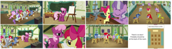 Size: 2600x750 | Tagged: safe, artist:aurebesh, apple bloom, archer (character), cheerilee, diamond tiara, liza doolots, noi, petunia, piña colada, scootaloo, silver spoon, sun glimmer, sweetie belle, tootsie flute, twist, earth pony, pegasus, pony, unicorn, applecore, classroom, cutie mark crusaders, female, filly, interior, map, mare, piña cutelada, ponyville schoolhouse, school