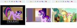 Size: 686x251 | Tagged: safe, derpibooru import, screencap, applejack, fluttershy, starlight glimmer, twilight sparkle, earth pony, kirin, pegasus, pony, background kirin, derpibooru, juxtaposition, meta