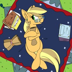 Size: 700x700 | Tagged: safe, artist:goat train, oc, oc only, oc:paige, pony, book, female, glasses, mare, on back, rule 63, solo