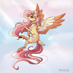 Size: 1633x1633 | Tagged: safe, artist:marbola, fluttershy, pegasus, pony, cloud, colored wings, female, mare, open mouth, sky, solo, tail feathers, underhoof, unshorn fetlocks